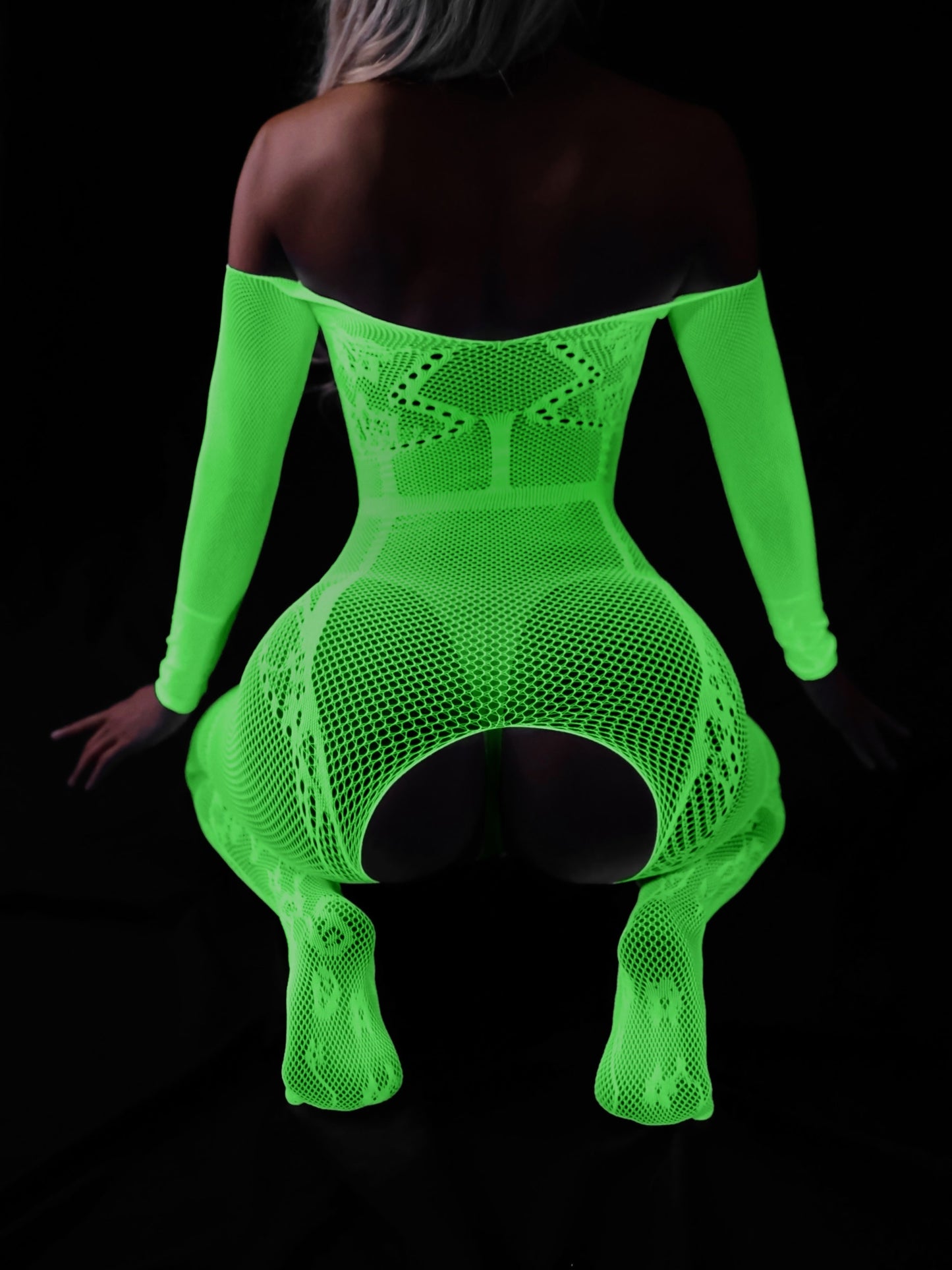 Plus Size Womens Seductive Bodystocking - High Stretch, Strapless, Off Shoulder, Crotchless, Luminous Fishnet Pattern, Polyester Knit Fabric Full Body Stocking for Adult