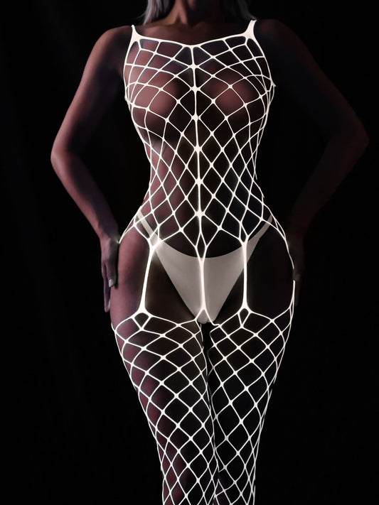 Semi-Sheer Fishnet Body Stocking - High Elasticity, Contrast Mesh, Open Crotch, Backless, Sexy Lingerie for Women - Polyamide and Elastane Material, Knit Fabric, Solid Color