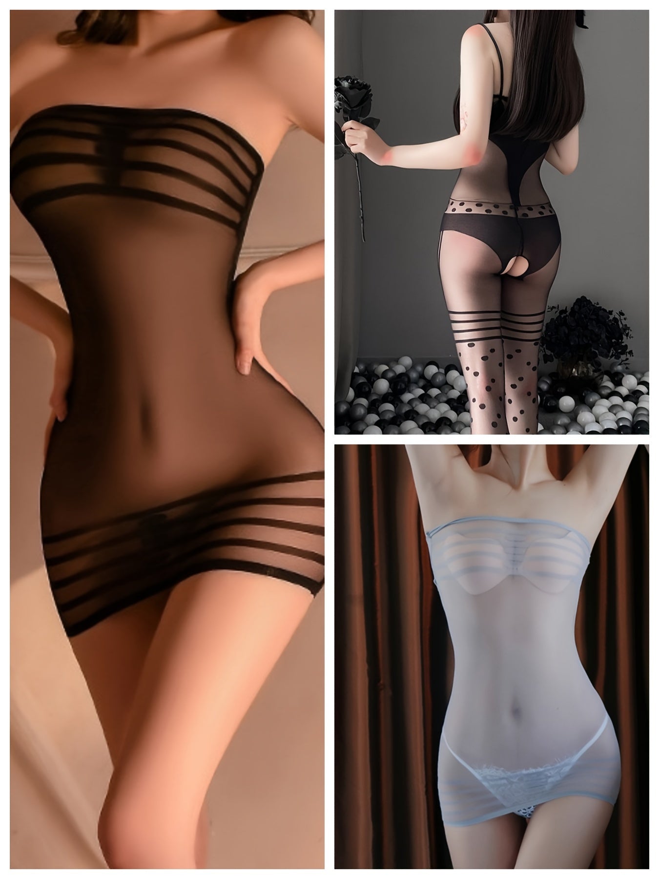 3Pcs Sexy Mesh Semi-Sheer Bodycon Dress & Open Crotch Body Stocking Set - Alluring Lingerie for Women with Knit Fabric, Polyamide Material, Solid Color Pattern - Perfect for Adult Ladies