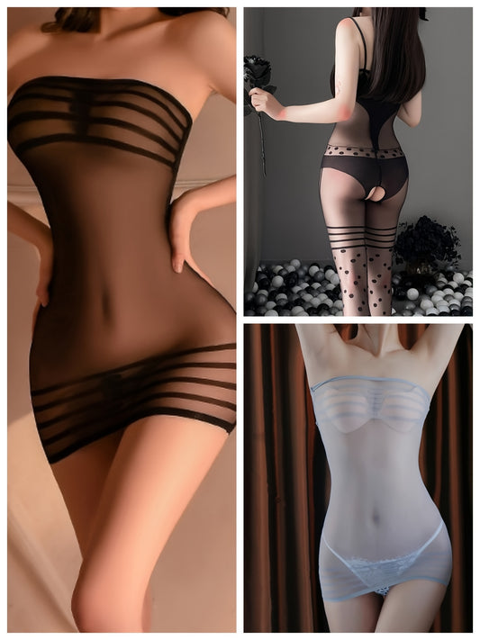3Pcs Sexy Mesh Semi-Sheer Bodycon Dress & Open Crotch Body Stocking Set - Alluring Lingerie for Women with Knit Fabric, Polyamide Material, Solid Color Pattern - Perfect for Adult Ladies