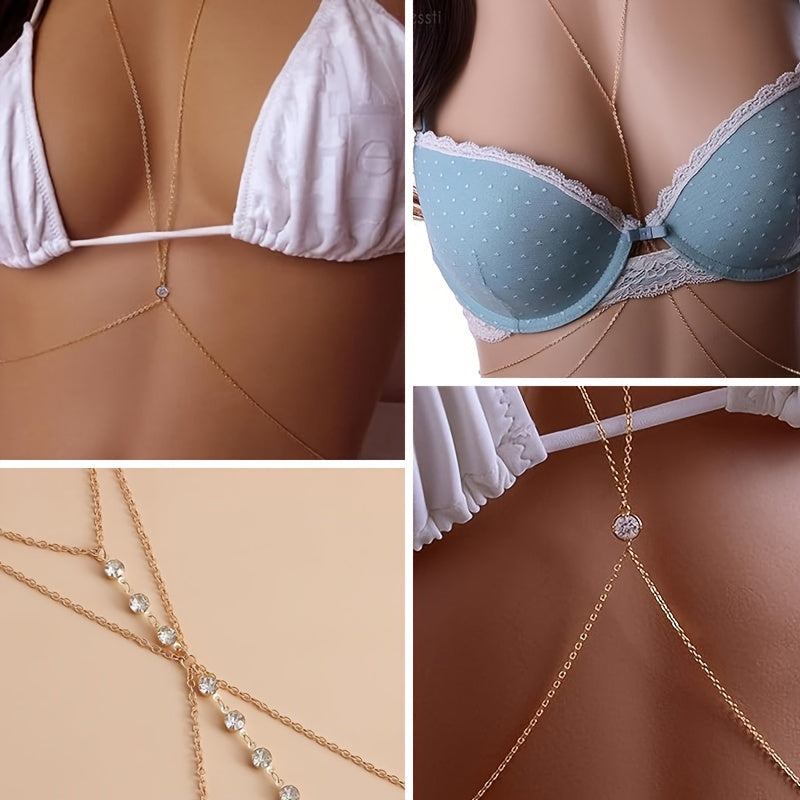 6pcs sexy body chain for women, layered rhinestone cross bikini bra body jewelry, summer beach crystal belly button chain for girls