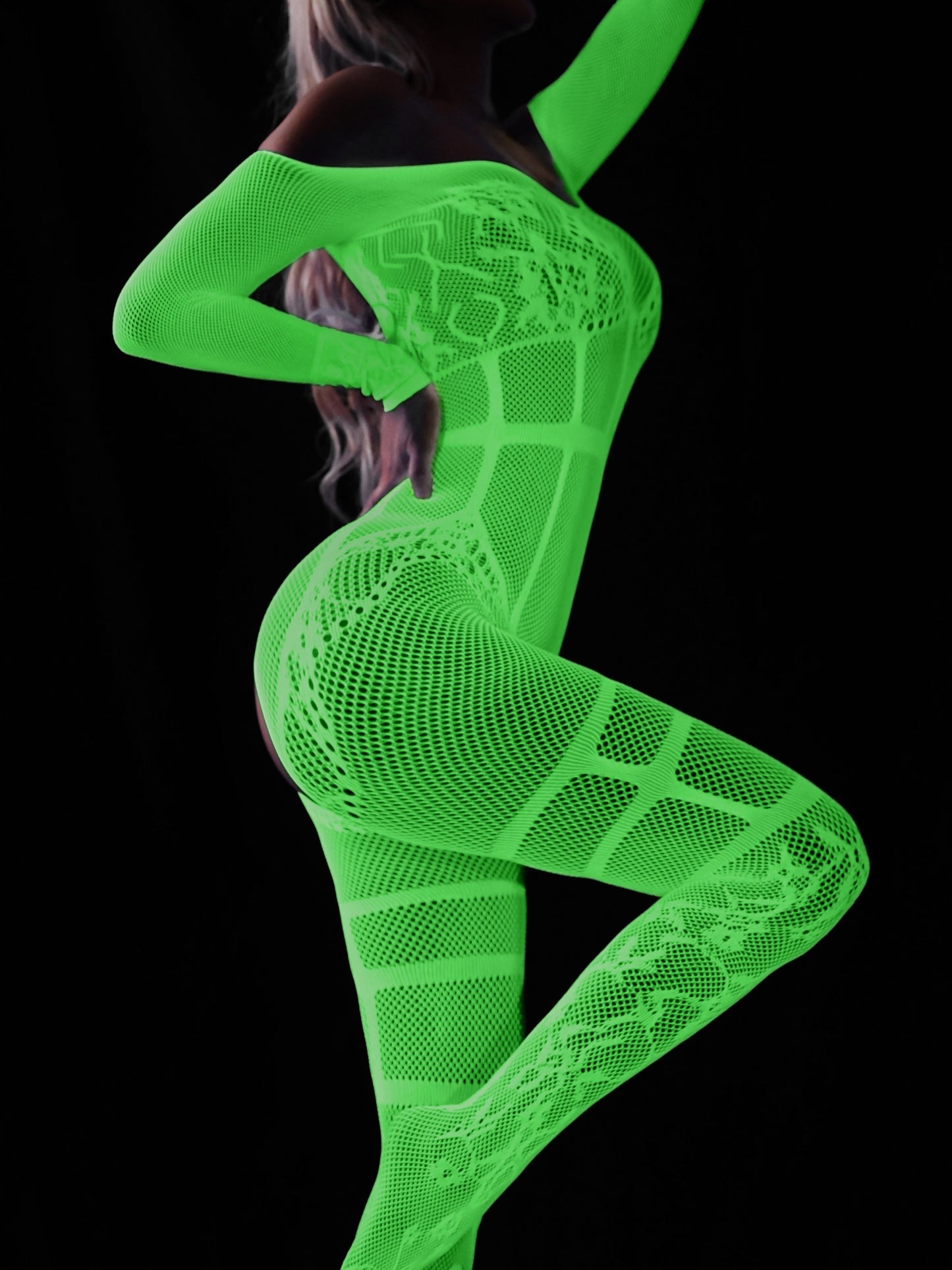 Plus Size Womens Seductive Bodystocking - High Stretch, Strapless, Off Shoulder, Crotchless, Luminous Fishnet Pattern, Polyester Knit Fabric Full Body Stocking for Adult