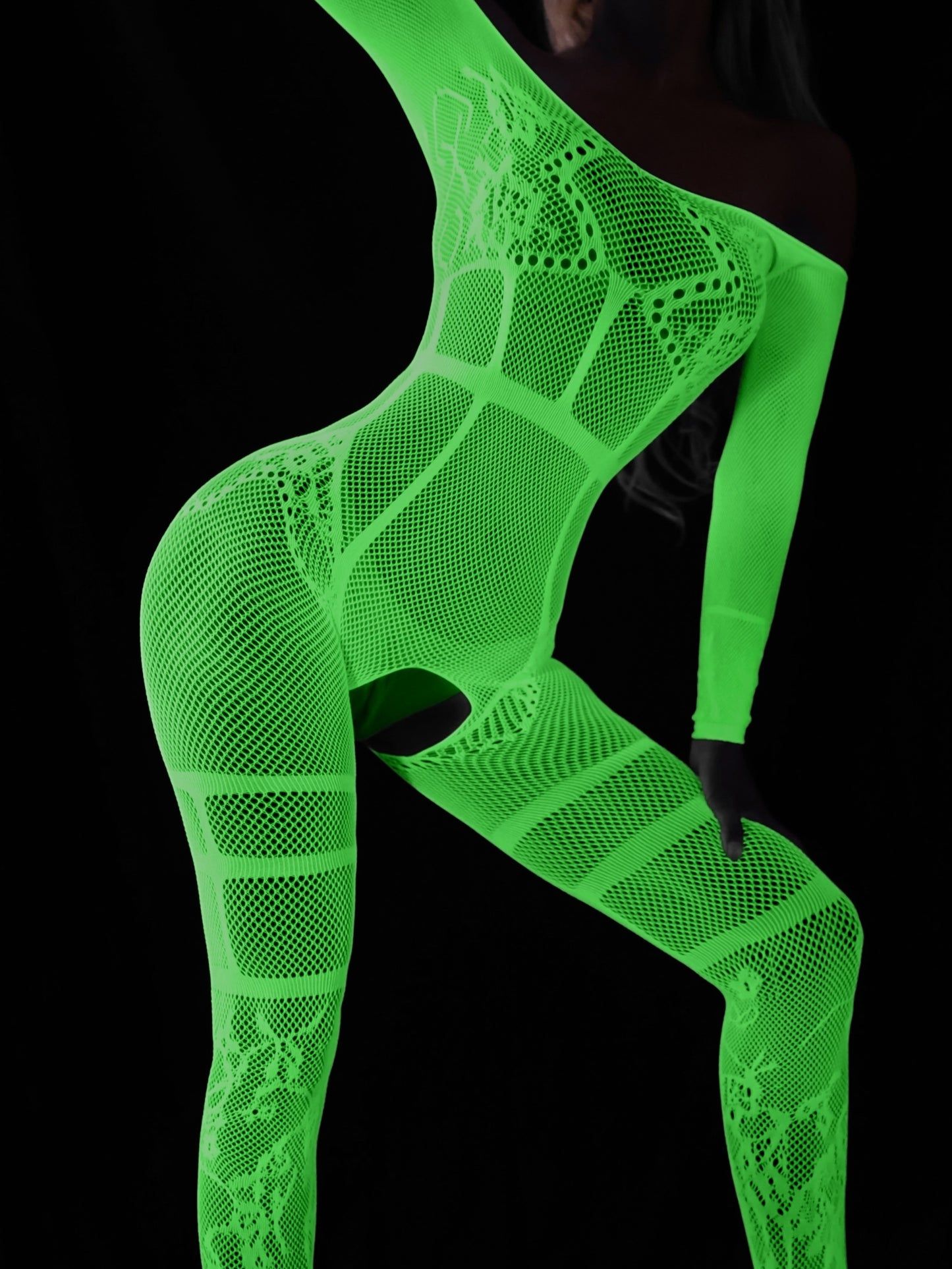 Plus Size Womens Seductive Bodystocking - High Stretch, Strapless, Off Shoulder, Crotchless, Luminous Fishnet Pattern, Polyester Knit Fabric Full Body Stocking for Adult