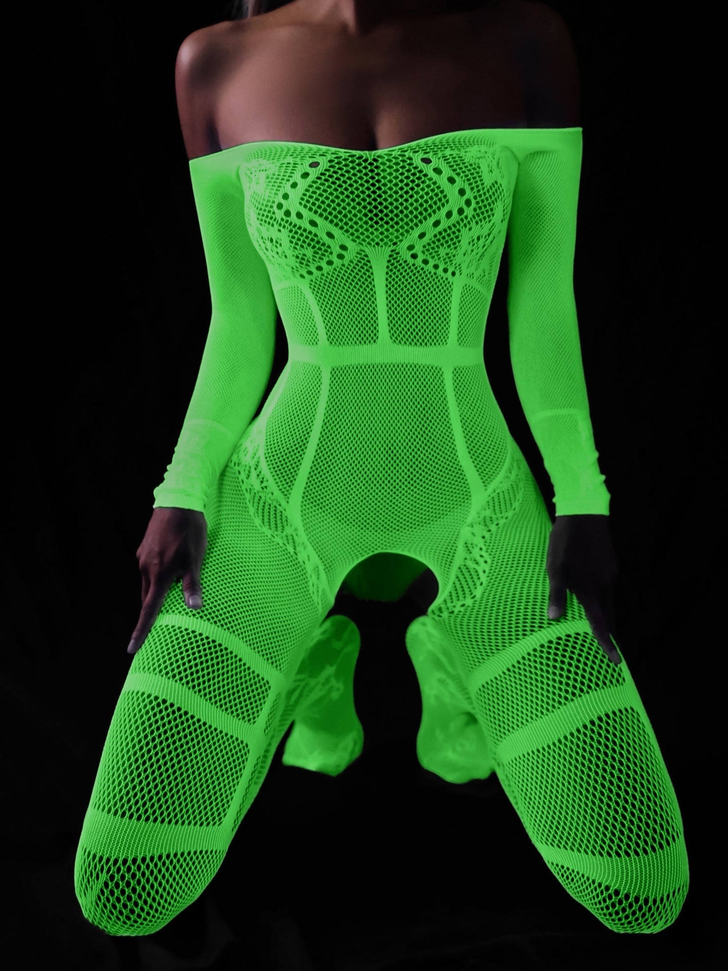 Sexy Long Sleeve Off Shoulder Body Stocking - High Elasticity Contrast Mesh, Semi-Sheer, Hand Washable, Polyamide and Elastane Fabric - Womens Lingerie and Underwear for Adults