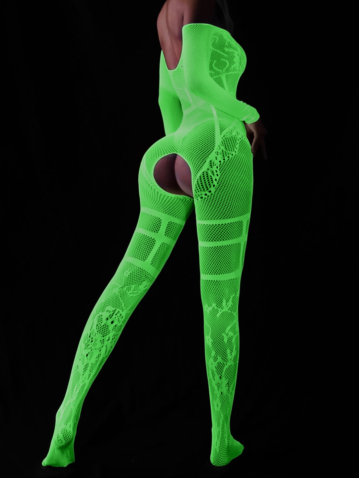 Sexy Long Sleeve Off Shoulder Body Stocking - High Elasticity Contrast Mesh, Semi-Sheer, Hand Washable, Polyamide and Elastane Fabric - Womens Lingerie and Underwear for Adults