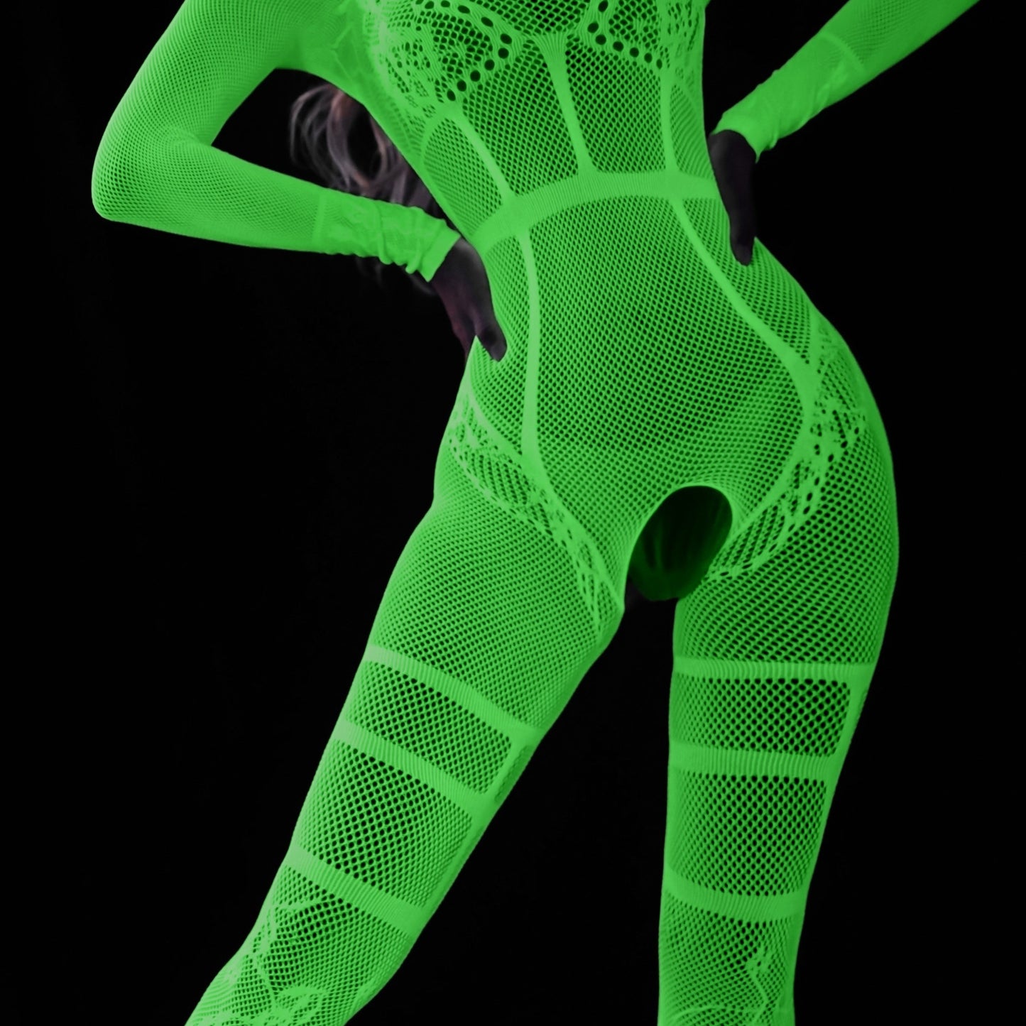 Plus Size Womens Seductive Bodystocking - High Stretch, Strapless, Off Shoulder, Crotchless, Luminous Fishnet Pattern, Polyester Knit Fabric Full Body Stocking for Adult