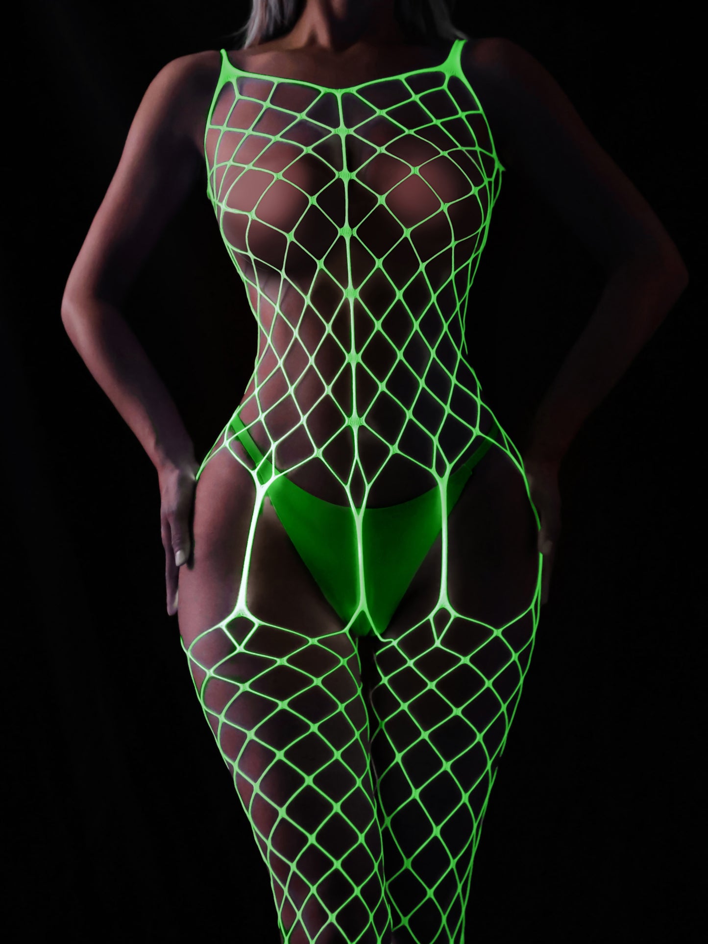 Semi-Sheer Fishnet Body Stocking - High Elasticity, Contrast Mesh, Open Crotch, Backless, Sexy Lingerie for Women - Polyamide and Elastane Material, Knit Fabric, Solid Color