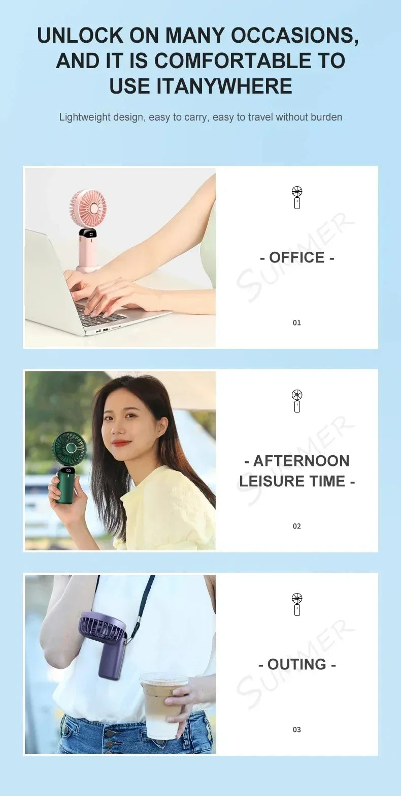 Handheld Neck Hanging USB Mini Fan Foldable Portable 5 Speed Rechargeable Fan With Phone Stand And LED Display Screen