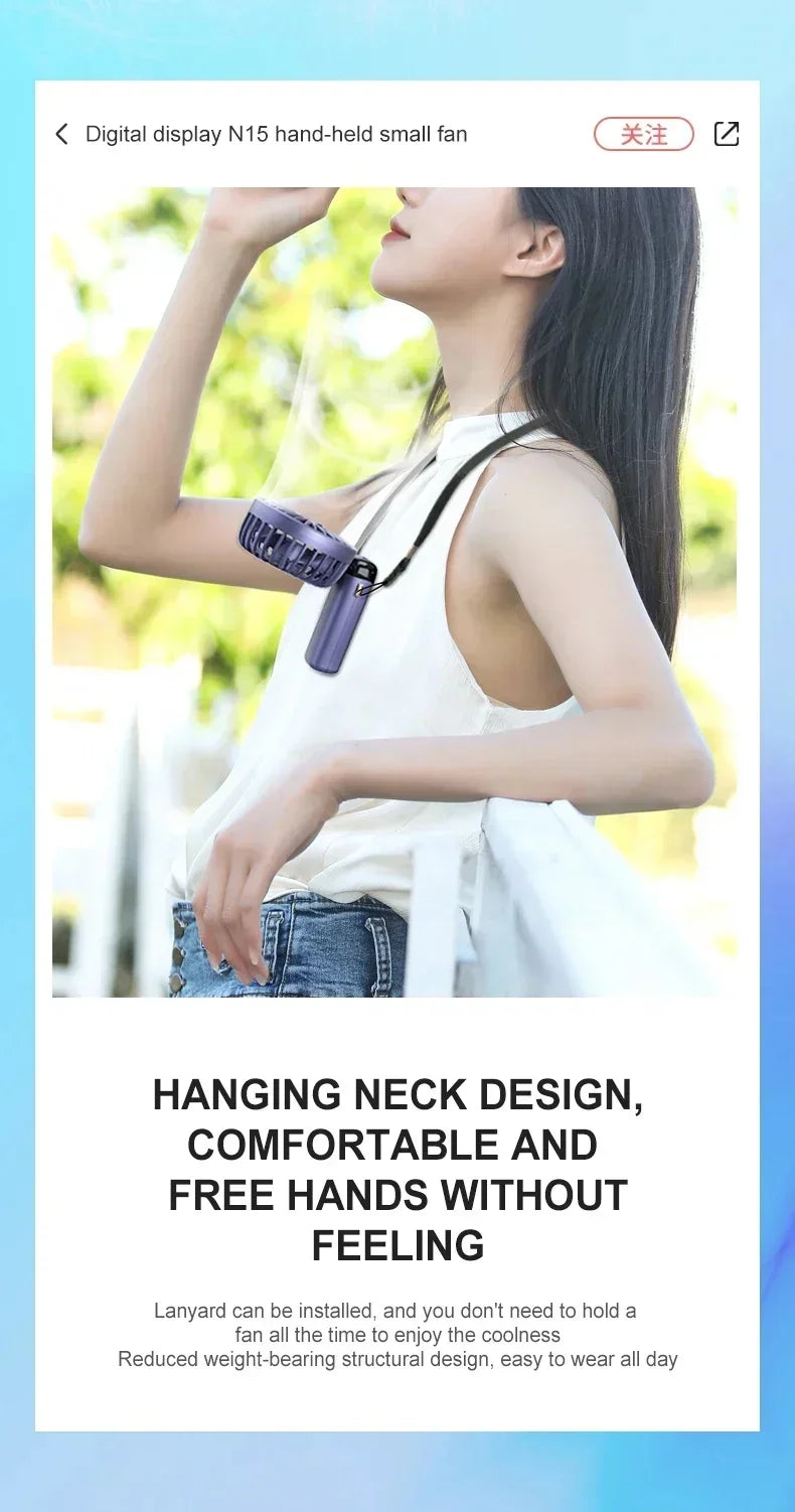 Handheld Neck Hanging USB Mini Fan Foldable Portable 5 Speed Rechargeable Fan With Phone Stand And LED Display Screen