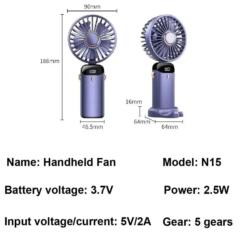 Handheld Neck Hanging USB Mini Fan Foldable Portable 5 Speed Rechargeable Fan With Phone Stand And LED Display Screen