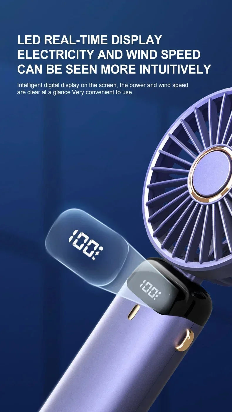 Handheld Neck Hanging USB Mini Fan Foldable Portable 5 Speed Rechargeable Fan With Phone Stand And LED Display Screen
