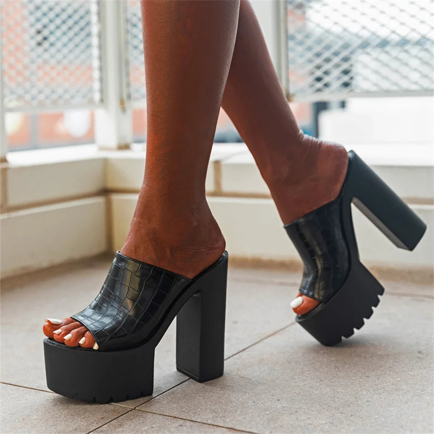 Super High Heels 14CM Platform Sandals Women 2025 Summer Crocodile Pattern Leather Peep Toe Sexy Platform Party Female Slippers