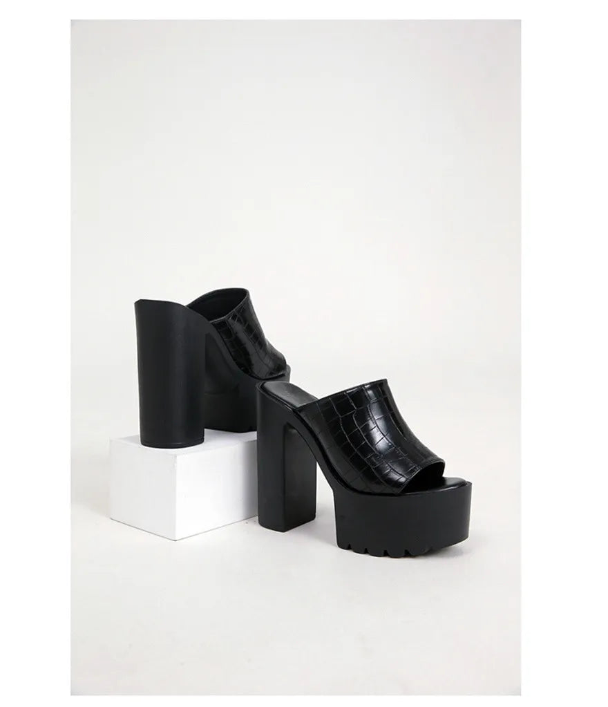 Super High Heels 14CM Platform Sandals Women 2025 Summer Crocodile Pattern Leather Peep Toe Sexy Platform Party Female Slippers