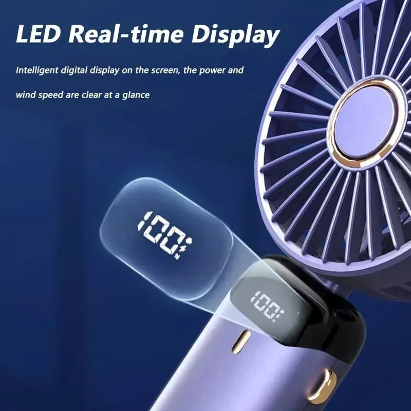 Handheld Neck Hanging USB Mini Fan Foldable Portable 5 Speed Rechargeable Fan With Phone Stand And LED Display Screen