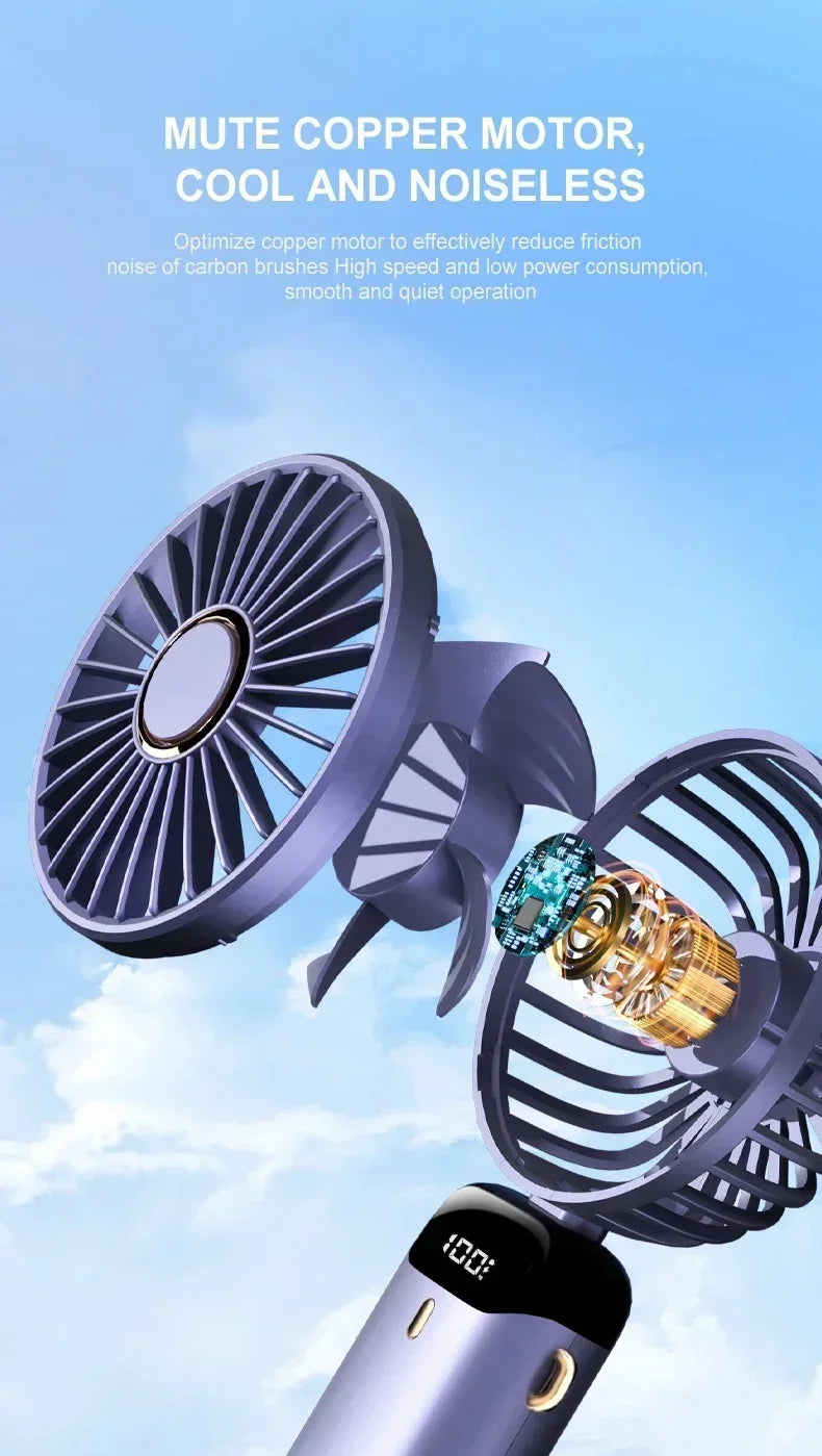 Handheld Neck Hanging USB Mini Fan Foldable Portable 5 Speed Rechargeable Fan With Phone Stand And LED Display Screen