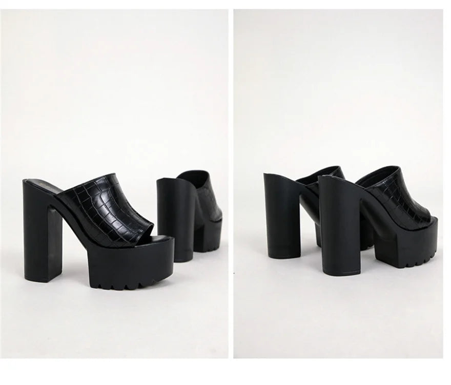 Super High Heels 14CM Platform Sandals Women 2025 Summer Crocodile Pattern Leather Peep Toe Sexy Platform Party Female Slippers