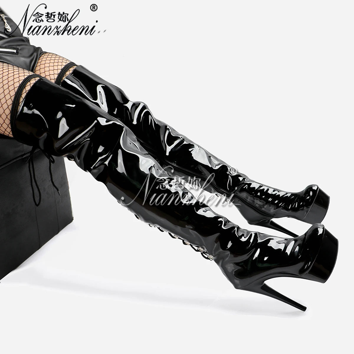 Nightclub Lace Up Sexy Fetish Stripper shoes Exotic 15cm 6inch High Heels Pole Dance Platform Over The Knee Boots props Gothic