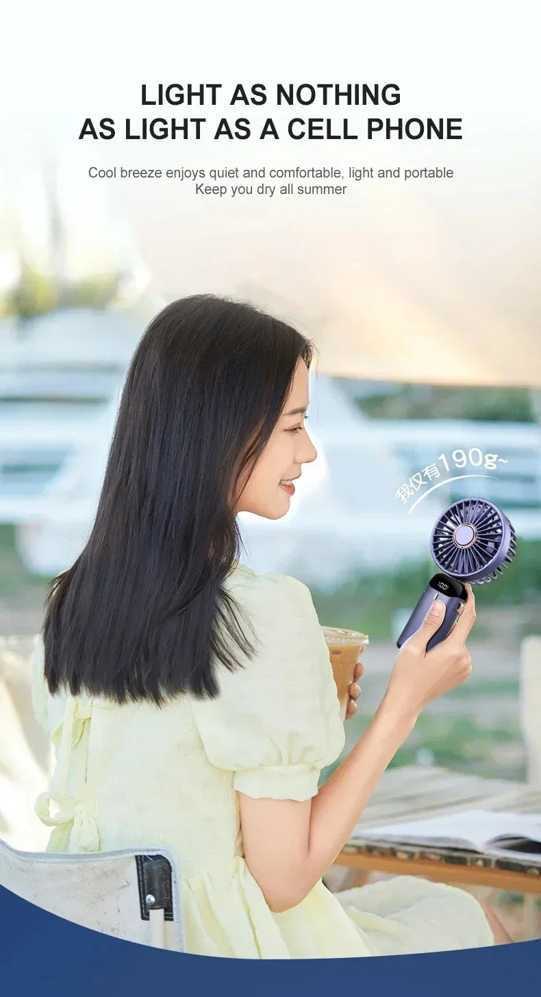 Handheld Neck Hanging USB Mini Fan Foldable Portable 5 Speed Rechargeable Fan With Phone Stand And LED Display Screen