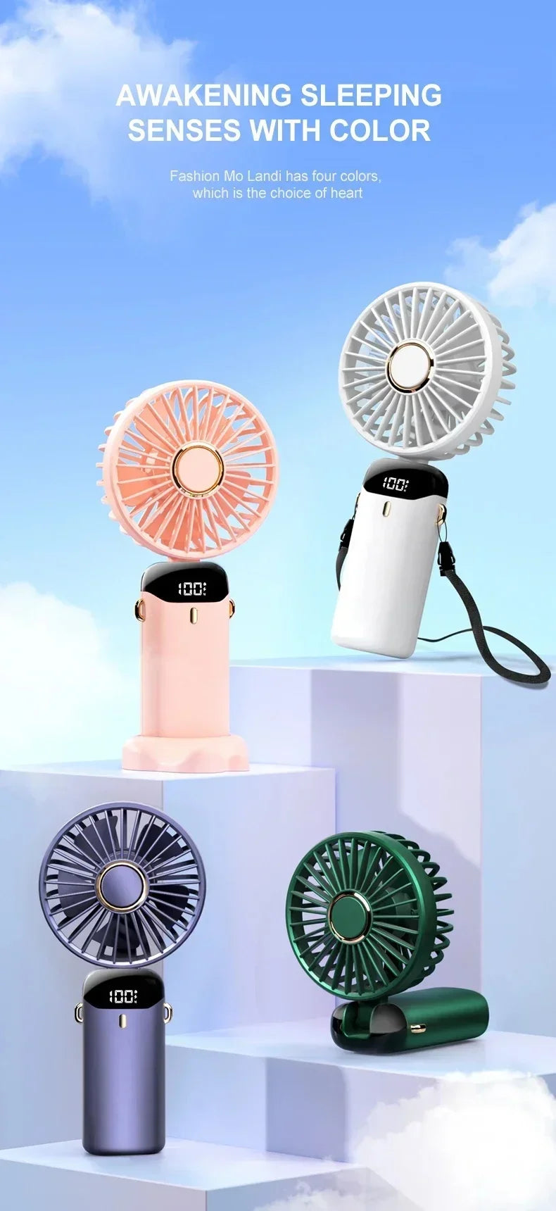 Handheld Neck Hanging USB Mini Fan Foldable Portable 5 Speed Rechargeable Fan With Phone Stand And LED Display Screen