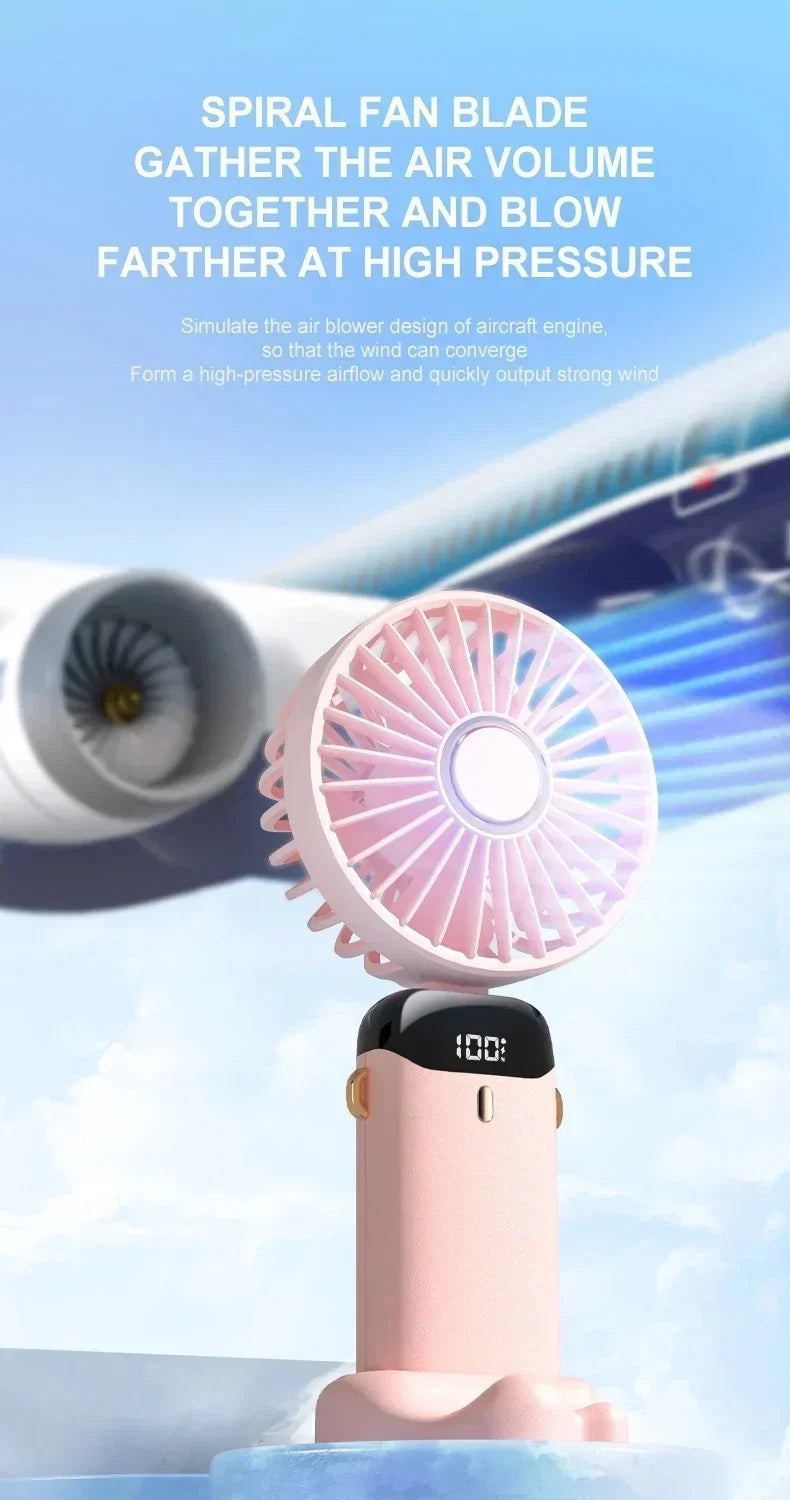 Handheld Neck Hanging USB Mini Fan Foldable Portable 5 Speed Rechargeable Fan With Phone Stand And LED Display Screen