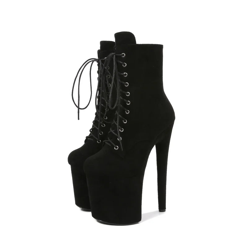 Pole Dance Shoes 15 17 20cm Sexy Black Flannel Platform Stripper Heels Suede Ankle Boots High Heels Laces Round Toe Low Leg