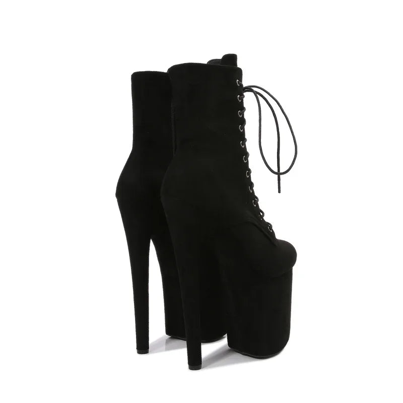 Pole Dance Shoes 15 17 20cm Sexy Black Flannel Platform Stripper Heels Suede Ankle Boots High Heels Laces Round Toe Low Leg