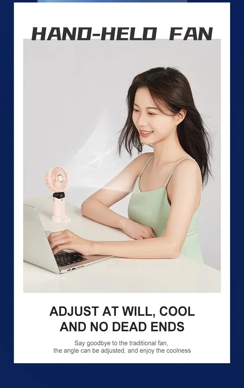 Handheld Neck Hanging USB Mini Fan Foldable Portable 5 Speed Rechargeable Fan With Phone Stand And LED Display Screen