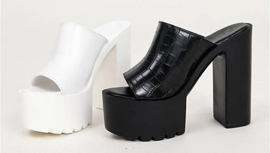 Super High Heels 14CM Platform Sandals Women 2025 Summer Crocodile Pattern Leather Peep Toe Sexy Platform Party Female Slippers
