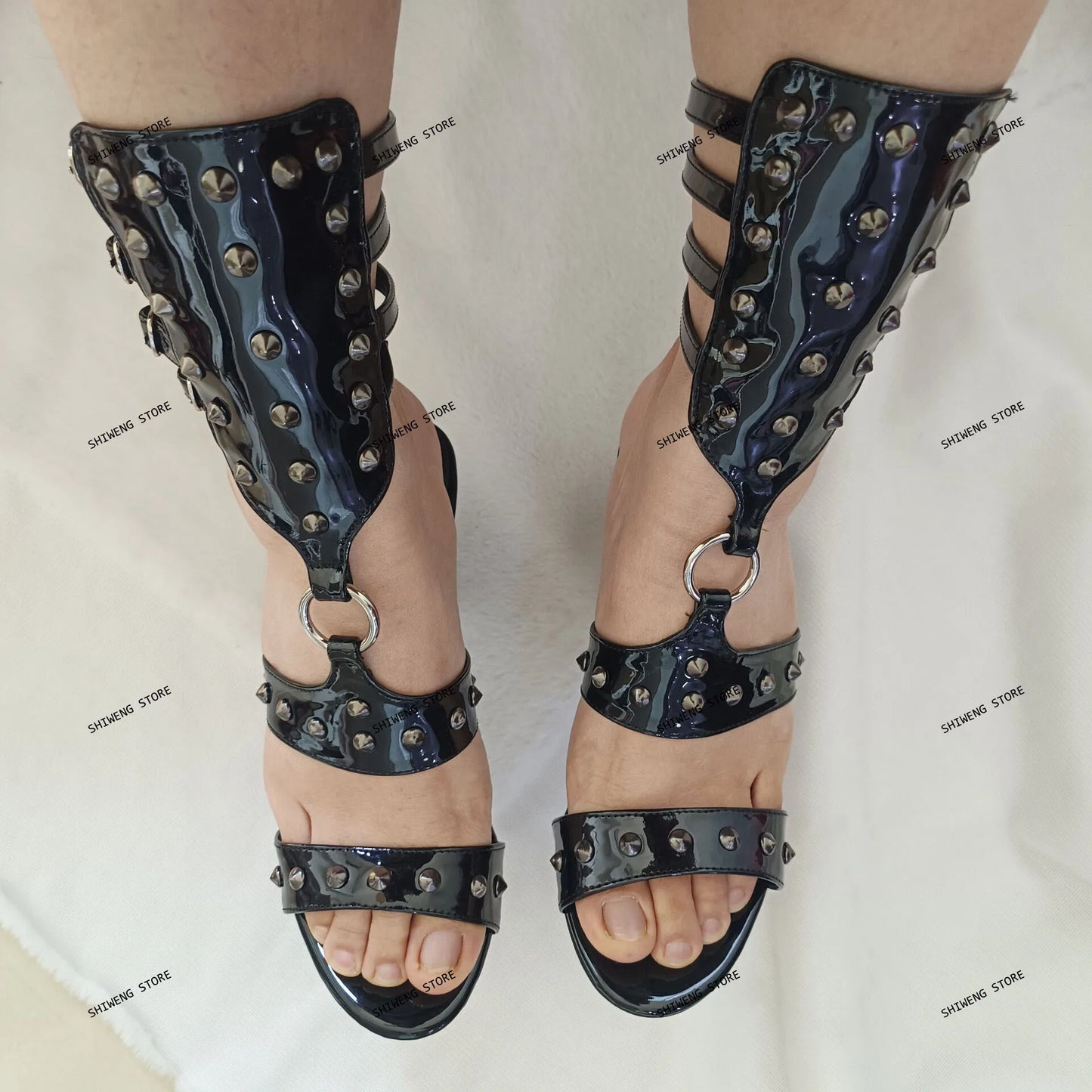 Riveted High Heels for Women Summer New Pointy Toe Sexy Lady Party Pump Black Patent Leather Shoes Handmade High Quality Shoes