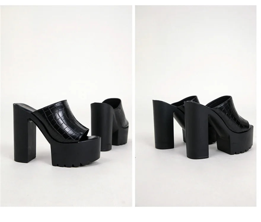 Super High Heels 14CM Platform Sandals Women 2025 Summer Crocodile Pattern Leather Peep Toe Sexy Platform Party Female Slippers