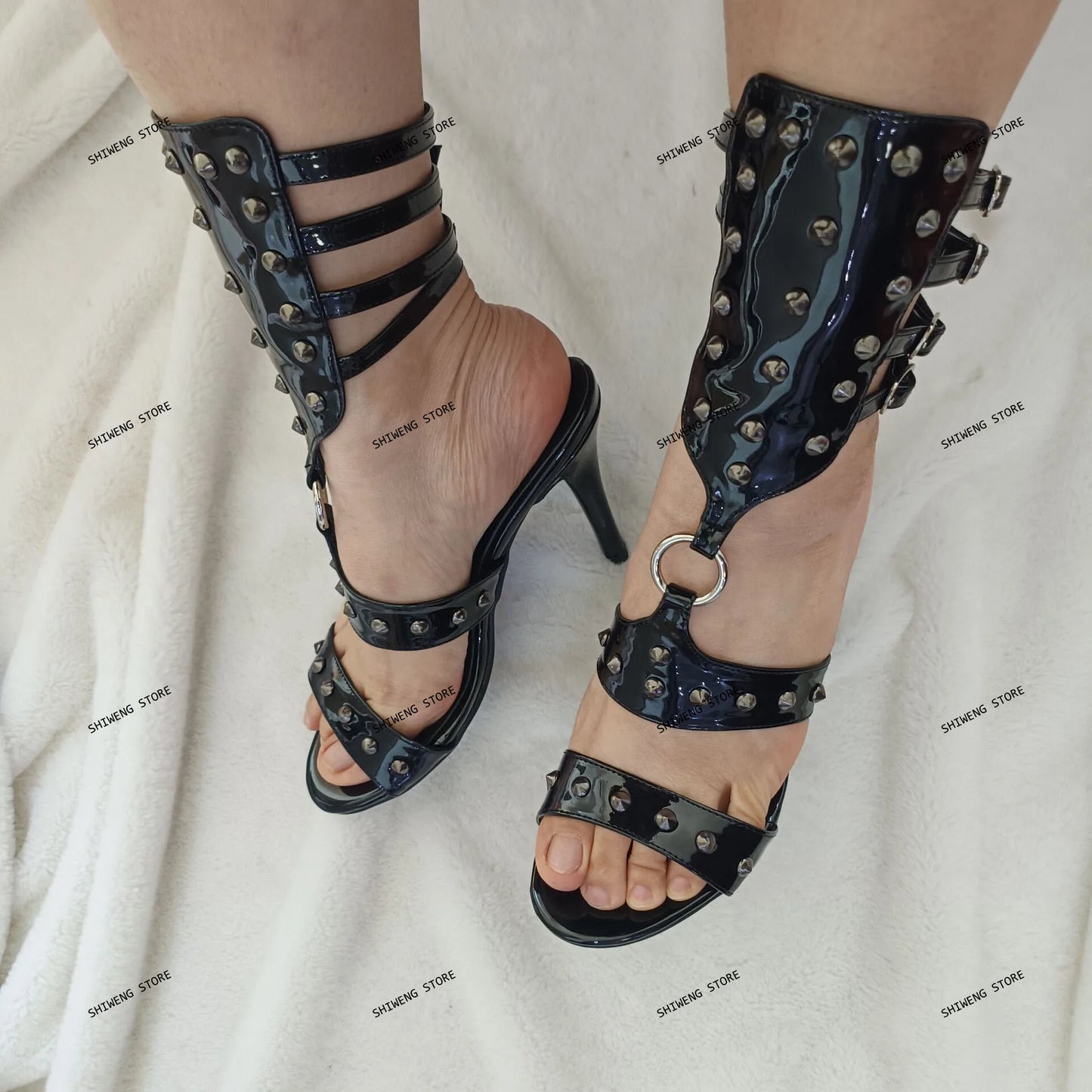 Riveted High Heels for Women Summer New Pointy Toe Sexy Lady Party Pump Black Patent Leather Shoes Handmade High Quality Shoes