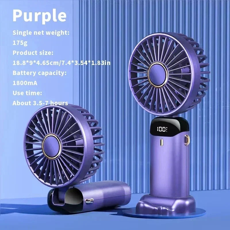 Handheld Neck Hanging USB Mini Fan Foldable Portable 5 Speed Rechargeable Fan With Phone Stand And LED Display Screen