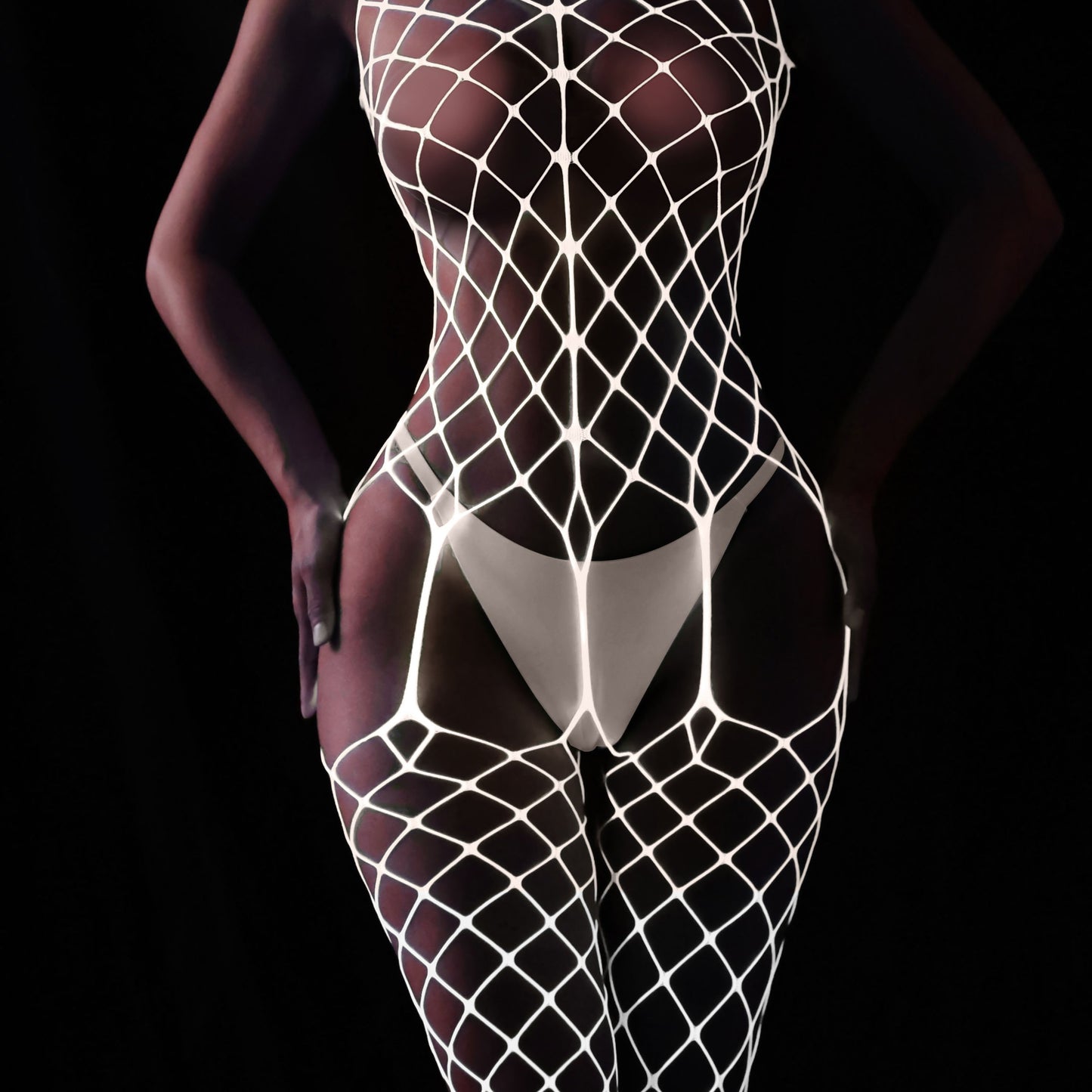 Semi-Sheer Fishnet Body Stocking - High Elasticity, Contrast Mesh, Open Crotch, Backless, Sexy Lingerie for Women - Polyamide and Elastane Material, Knit Fabric, Solid Color