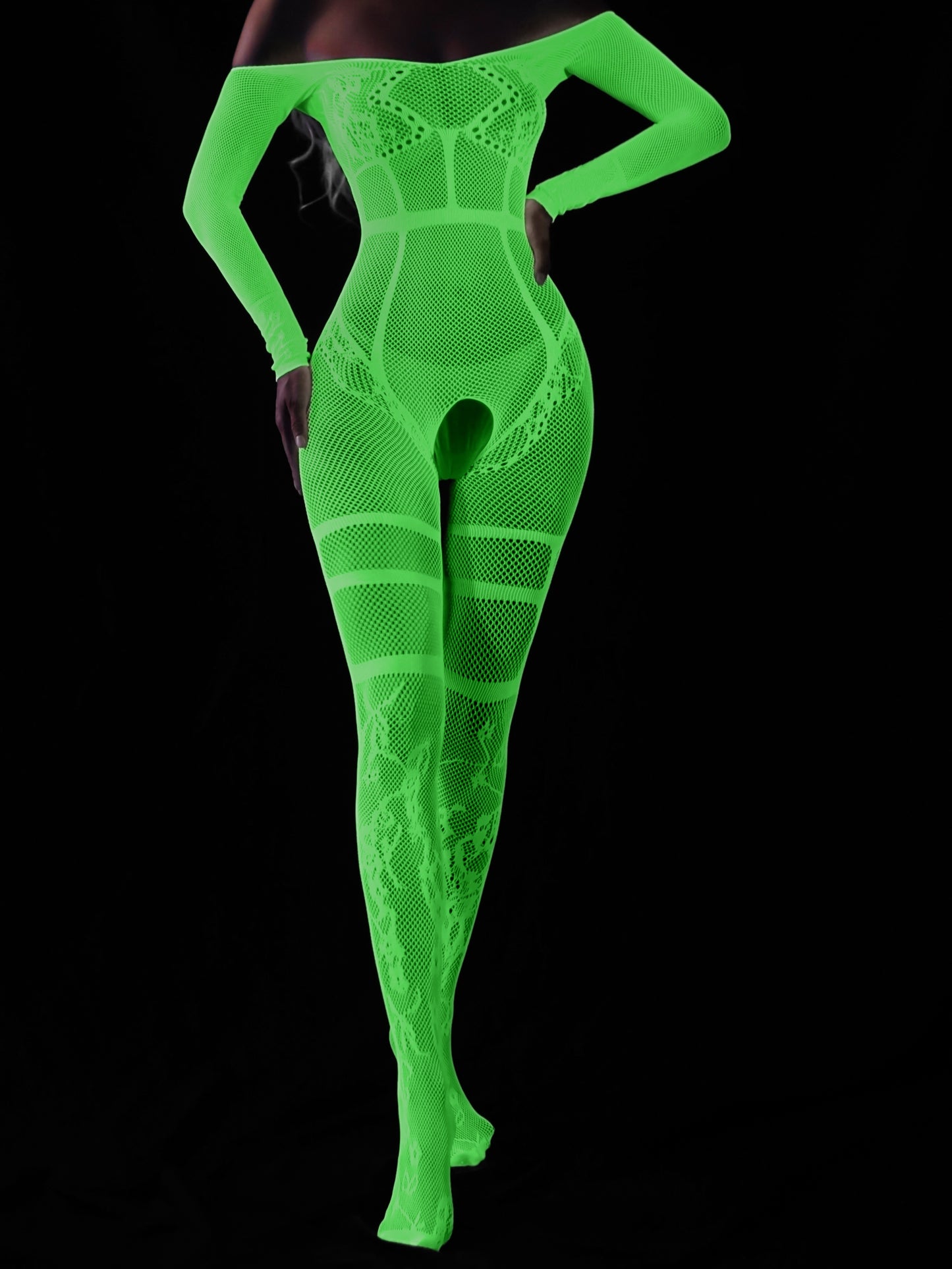 Sexy Long Sleeve Off Shoulder Body Stocking - High Elasticity Contrast Mesh, Semi-Sheer, Hand Washable, Polyamide and Elastane Fabric - Womens Lingerie and Underwear for Adults