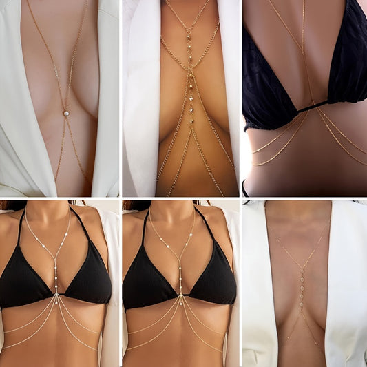 6pcs sexy body chain for women, layered rhinestone cross bikini bra body jewelry, summer beach crystal belly button chain for girls