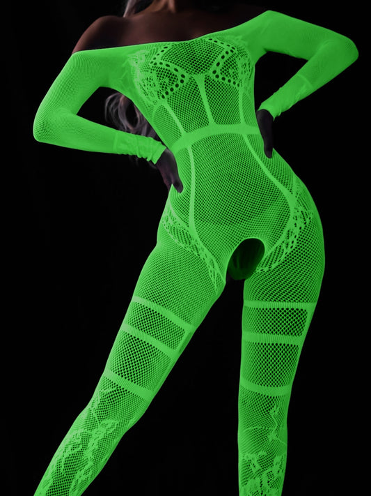 Plus Size Womens Seductive Bodystocking - High Stretch, Strapless, Off Shoulder, Crotchless, Luminous Fishnet Pattern, Polyester Knit Fabric Full Body Stocking for Adult