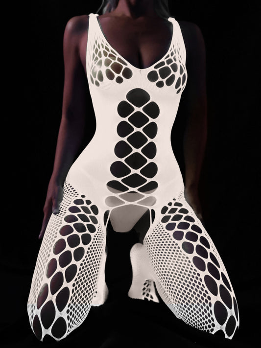 Semi-Sheer High Elasticity Polyamide Body Stocking - Hollow Out Open Crotch, Backless, Sexy Fishnet Design for Women - Comfortable Knit Fabric, Solid Color, Adult Female Lingerie & Underwear