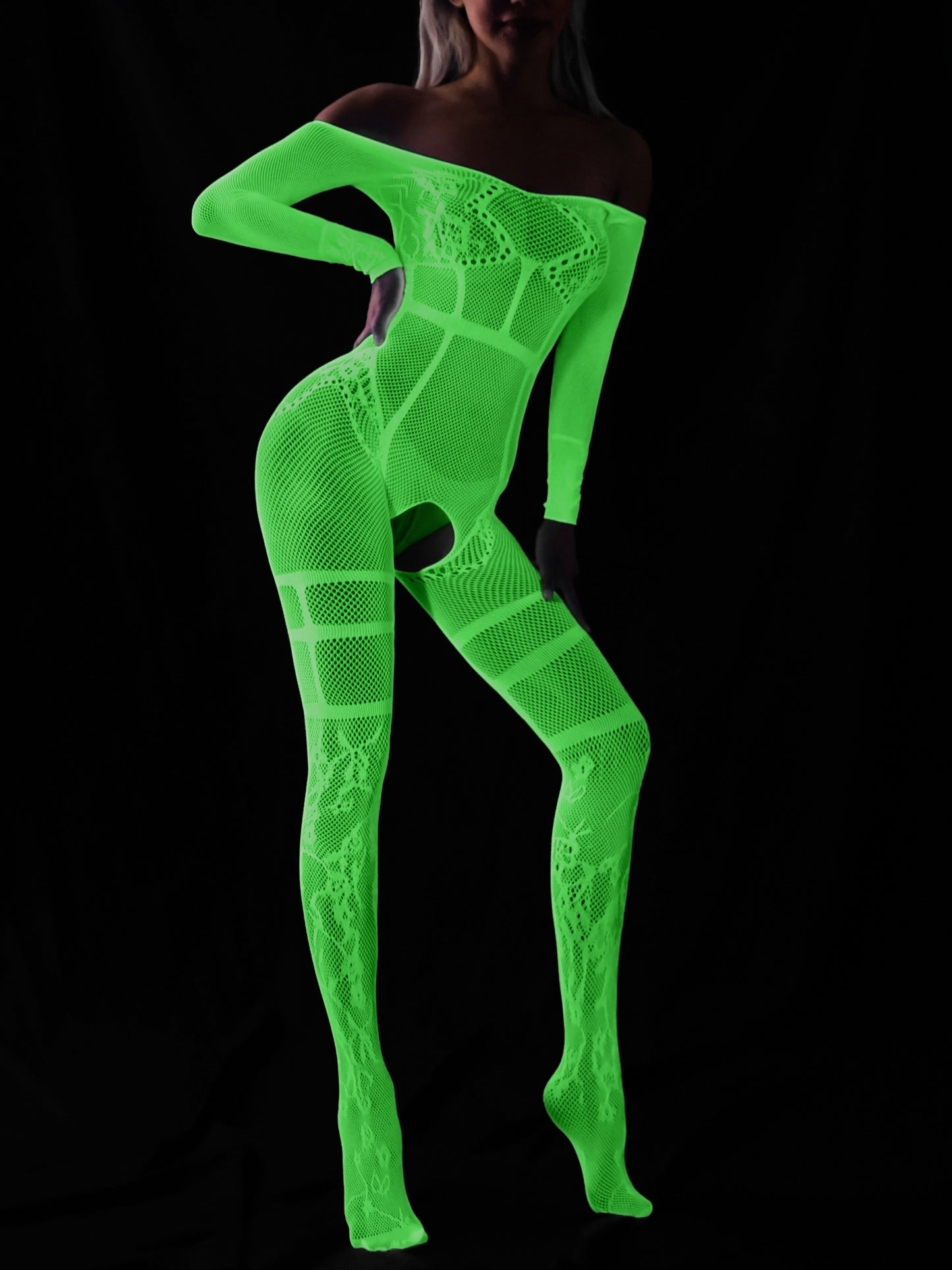 Sexy Long Sleeve Off Shoulder Body Stocking - High Elasticity Contrast Mesh, Semi-Sheer, Hand Washable, Polyamide and Elastane Fabric - Womens Lingerie and Underwear for Adults