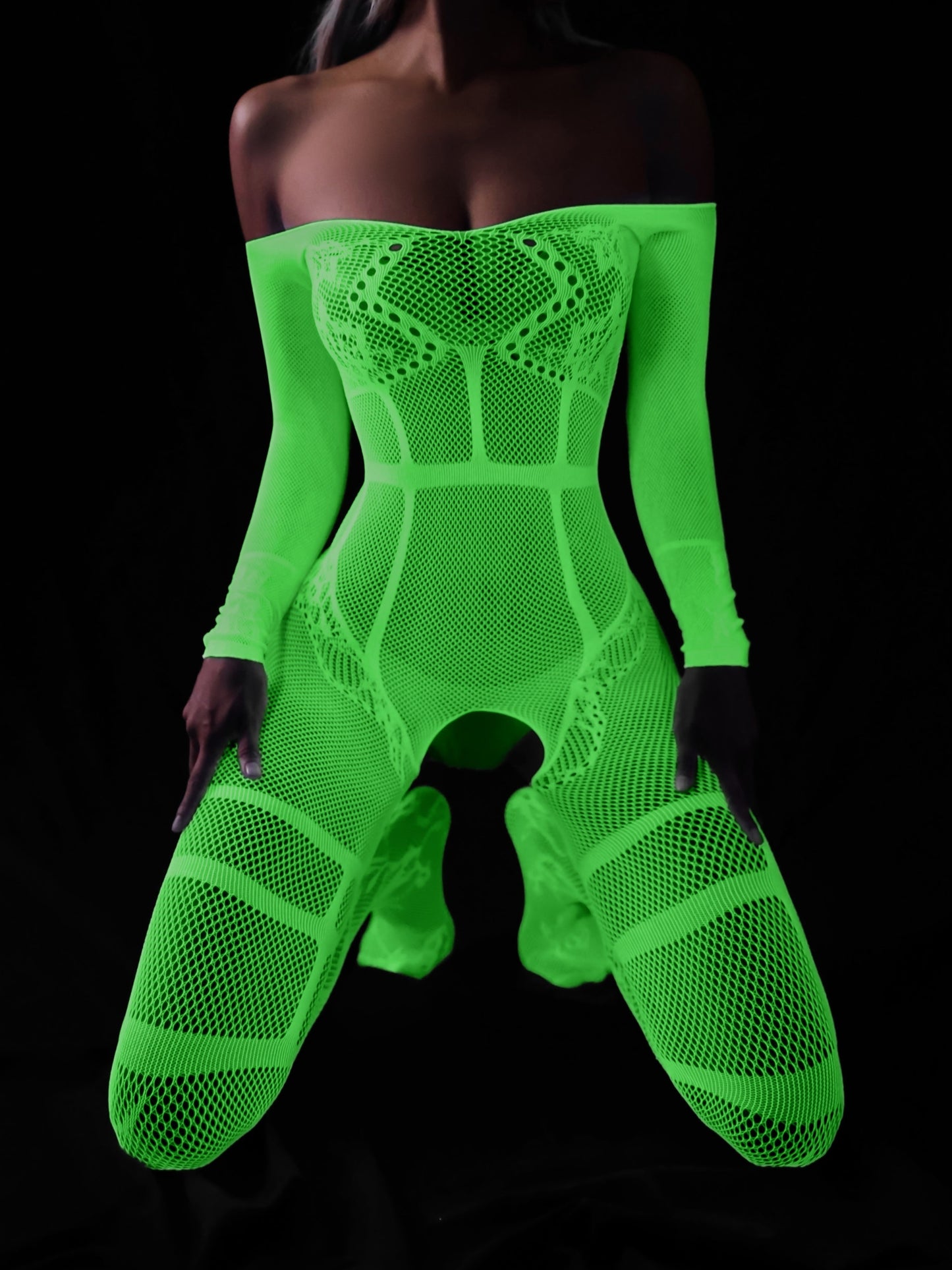 Plus Size Womens Seductive Bodystocking - High Stretch, Strapless, Off Shoulder, Crotchless, Luminous Fishnet Pattern, Polyester Knit Fabric Full Body Stocking for Adult