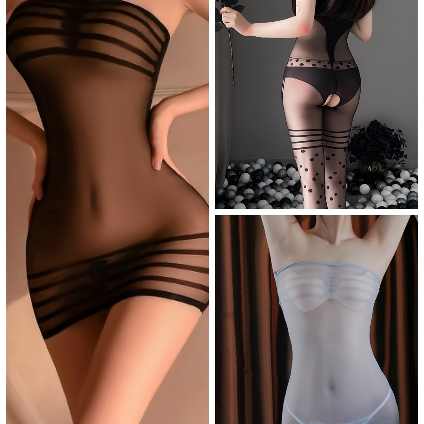 3Pcs Sexy Mesh Semi-Sheer Bodycon Dress & Open Crotch Body Stocking Set - Alluring Lingerie for Women with Knit Fabric, Polyamide Material, Solid Color Pattern - Perfect for Adult Ladies